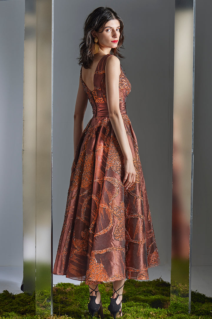 Sequinned Floral Dress with 3D Rosette Accent