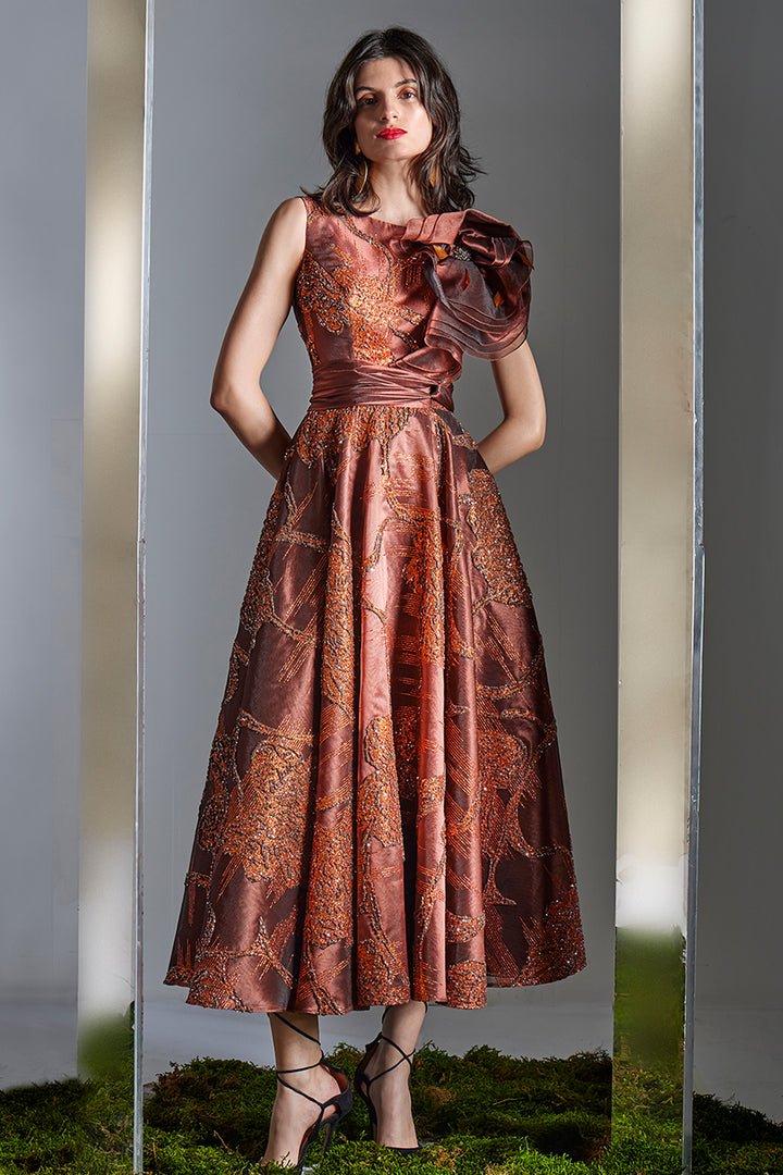 Sequinned Floral Dress with 3D Rosette Accent