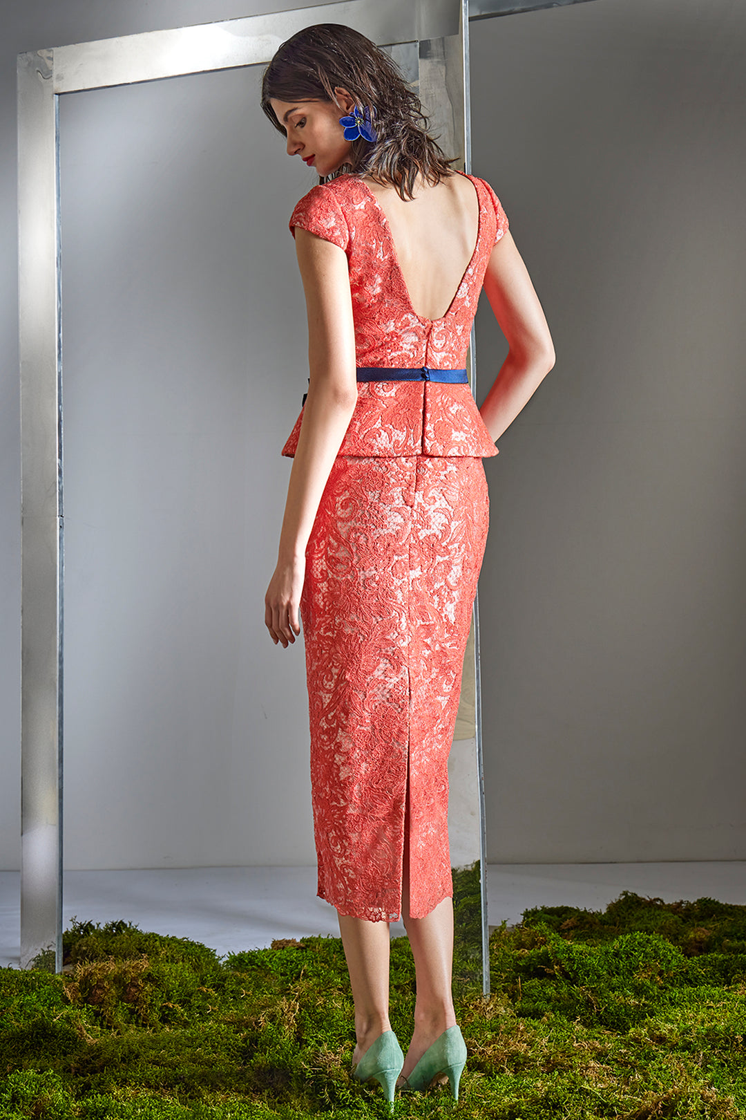 Lace Peplum Midi Sheath Dress with Bow Belt Accent