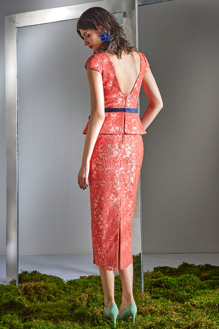 Lace Peplum Midi Sheath Dress with Bow Belt Accent