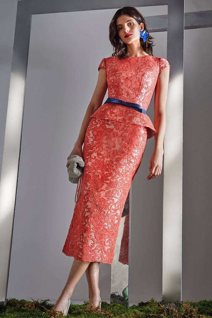 Lace Peplum Midi Sheath Dress with Bow Belt Accent