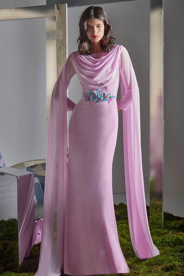 Column Dress with 3D Floral Waist and Cape