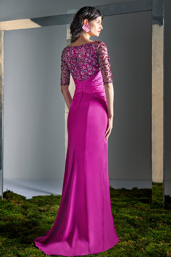 Sequinned Bodice Column Dress with Center Front and Slit