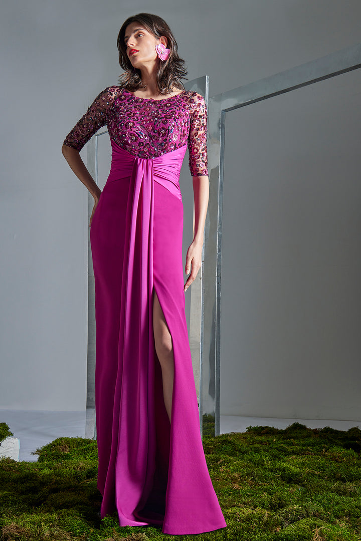 Sequinned Bodice Column Dress with Center Front and Slit