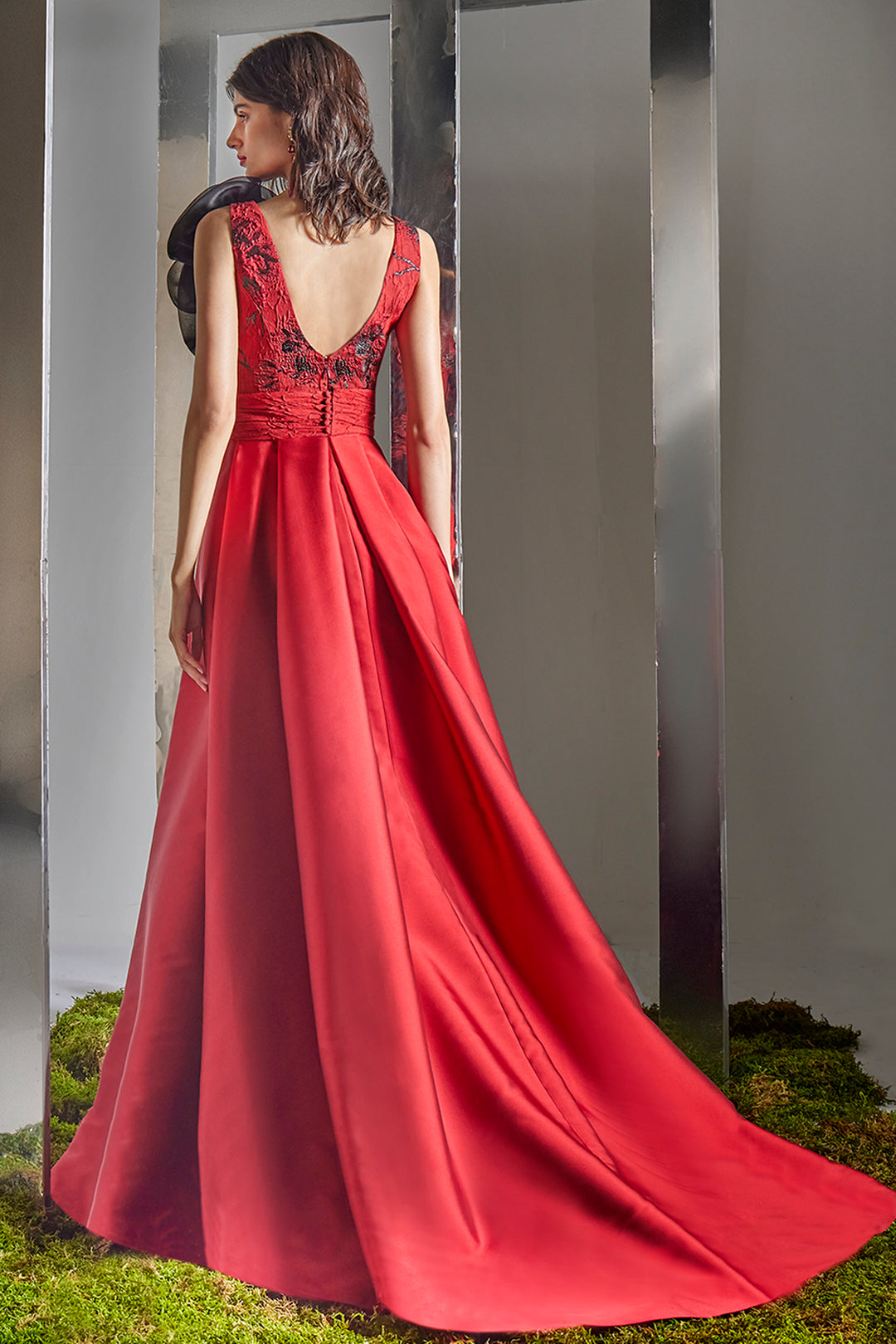 Column Dress with Overskirt 3D Rosette Accent