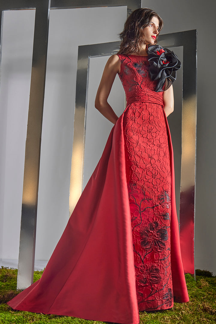 Column Dress with Overskirt 3D Rosette Accent