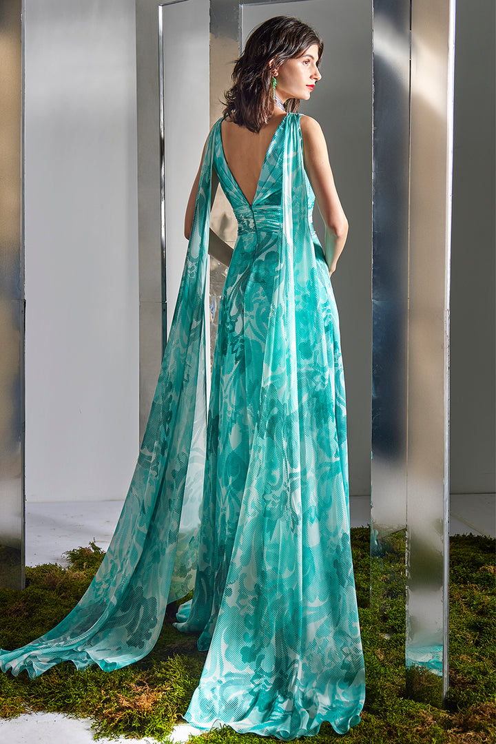 Pleated V-Neck Floral A-Line Dress with Cape