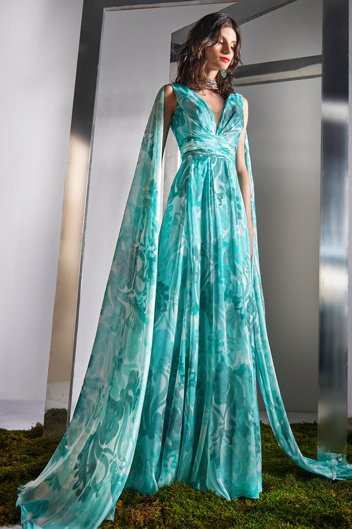 Pleated V-Neck Floral A-Line Dress with Cape