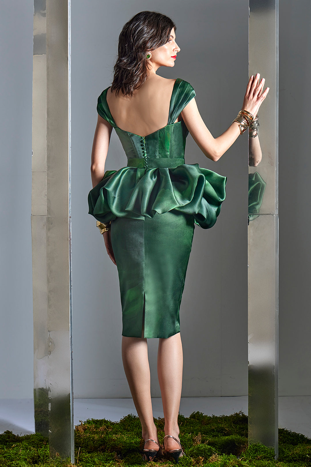 Sleeveless Midi Dress with Sculptural Peplum Ruffle