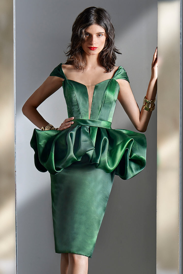 Sleeveless Midi Dress with Sculptural Peplum Ruffle