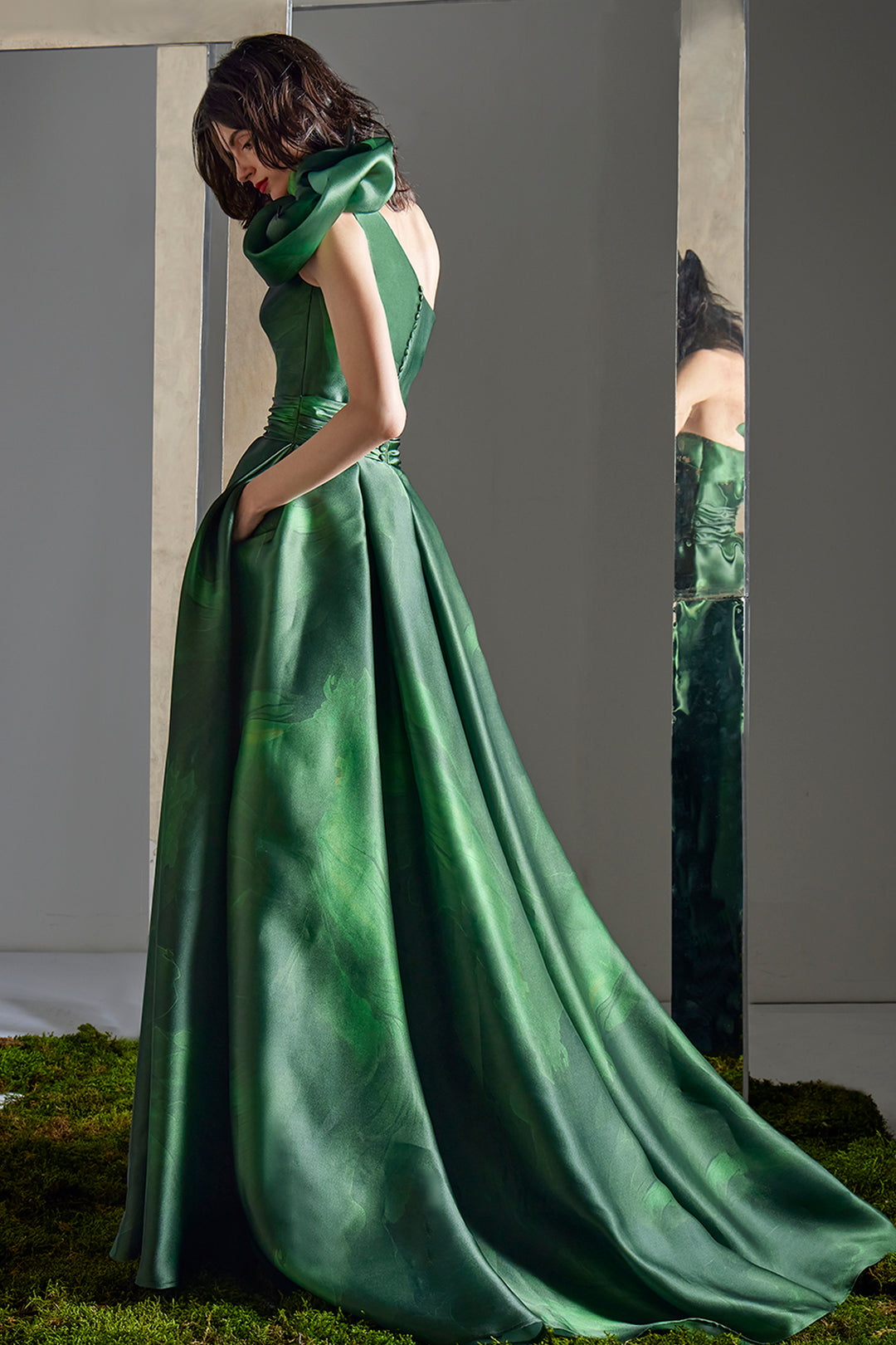 One-Shoulder A-Line Dress with 3D Rosette and Buckled Waist Accent