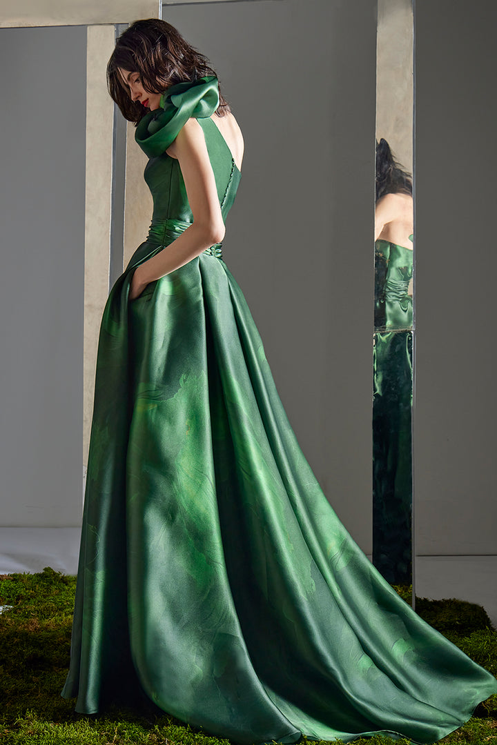 One-Shoulder A-Line Dress with 3D Rosette and Buckled Waist Accent