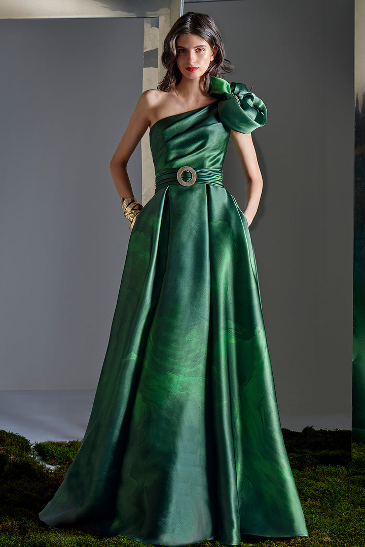 One-Shoulder A-Line Dress with 3D Rosette and Buckled Waist Accent
