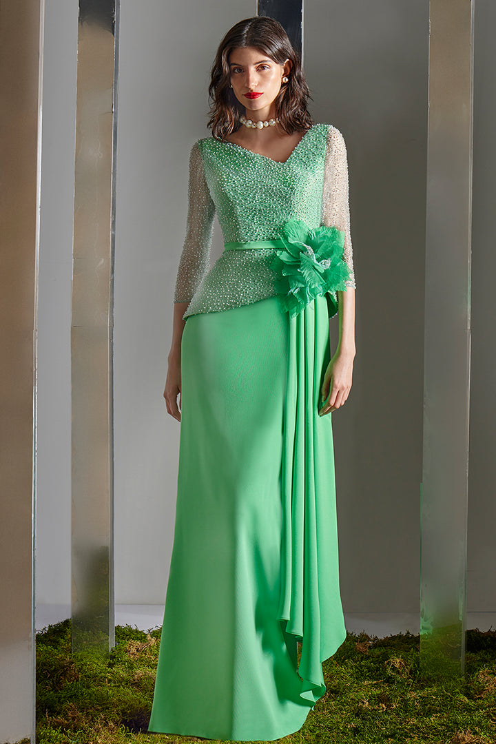 Column Dress with 3D Rosette and Side Cascade Drape