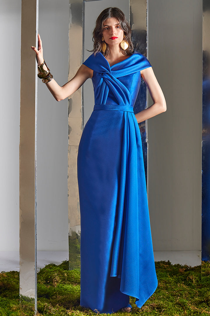Twisted-Knot Column Dress with Cascading Side Sash
