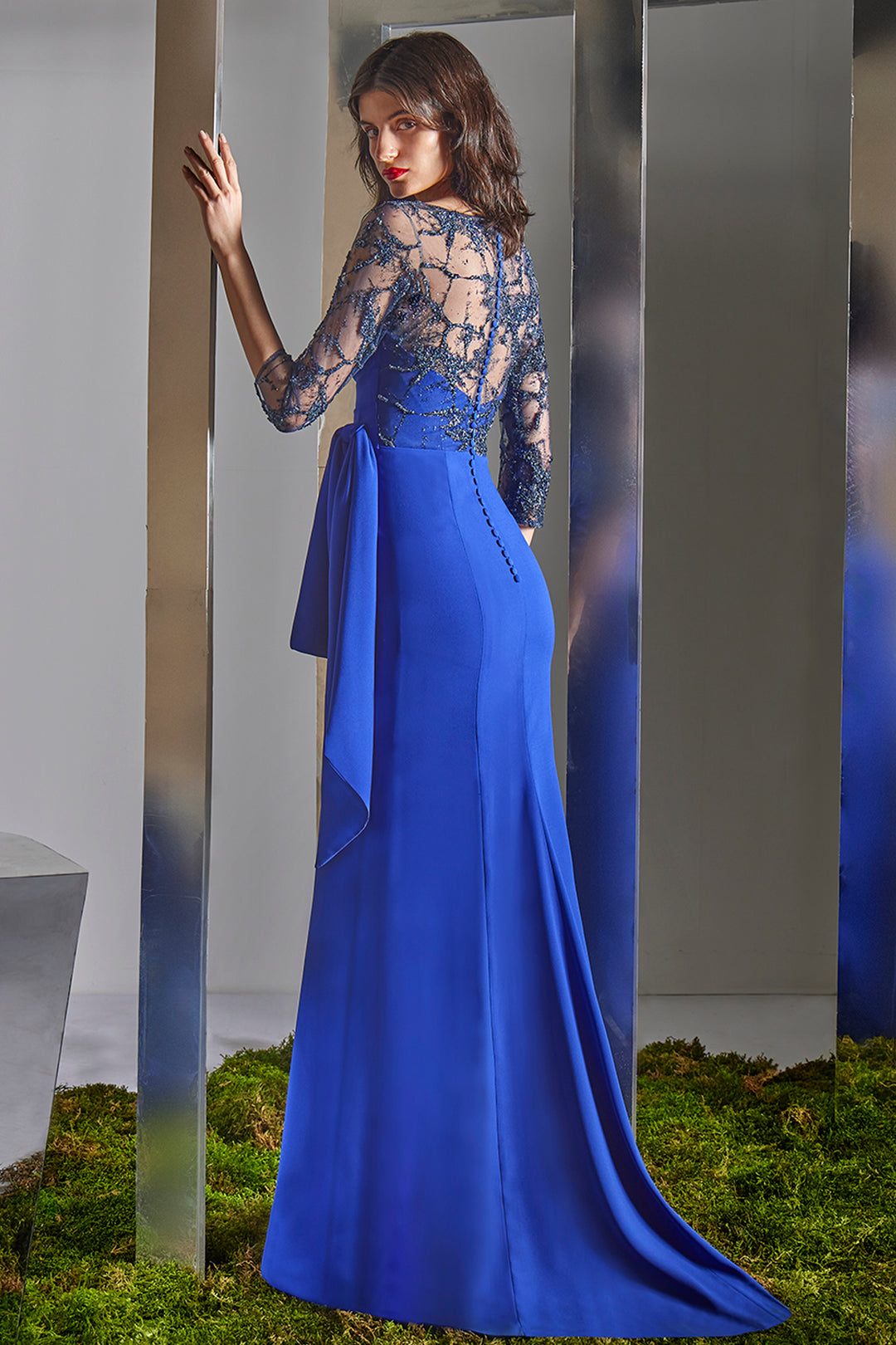 Illusion-Neck Column Dress with Architectural Pleated Bodice