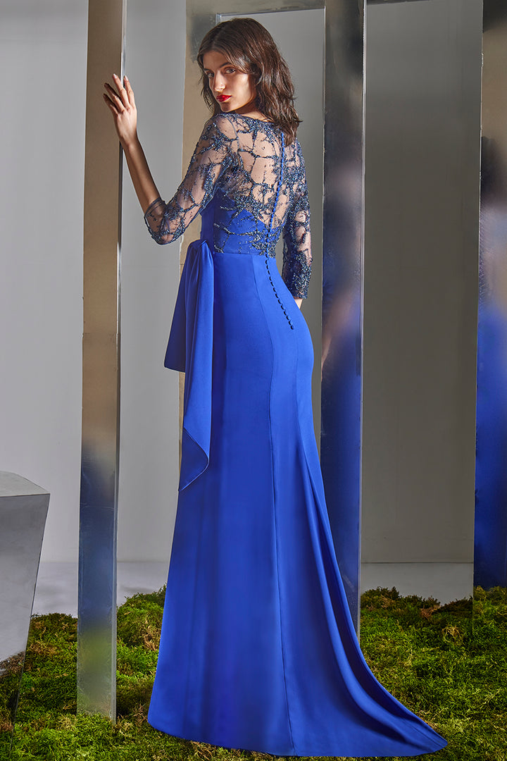 Illusion-Neck Column Dress with Architectural Pleated Bodice