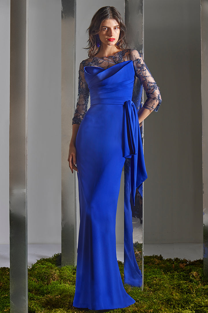 Illusion-Neck Column Dress with Architectural Pleated Bodice