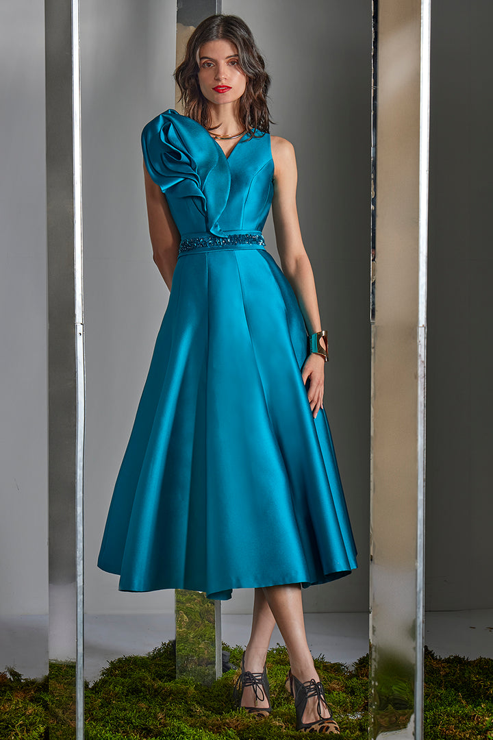 Asymmetrical 3D Sculptural Ruffle with A-Line Dress
