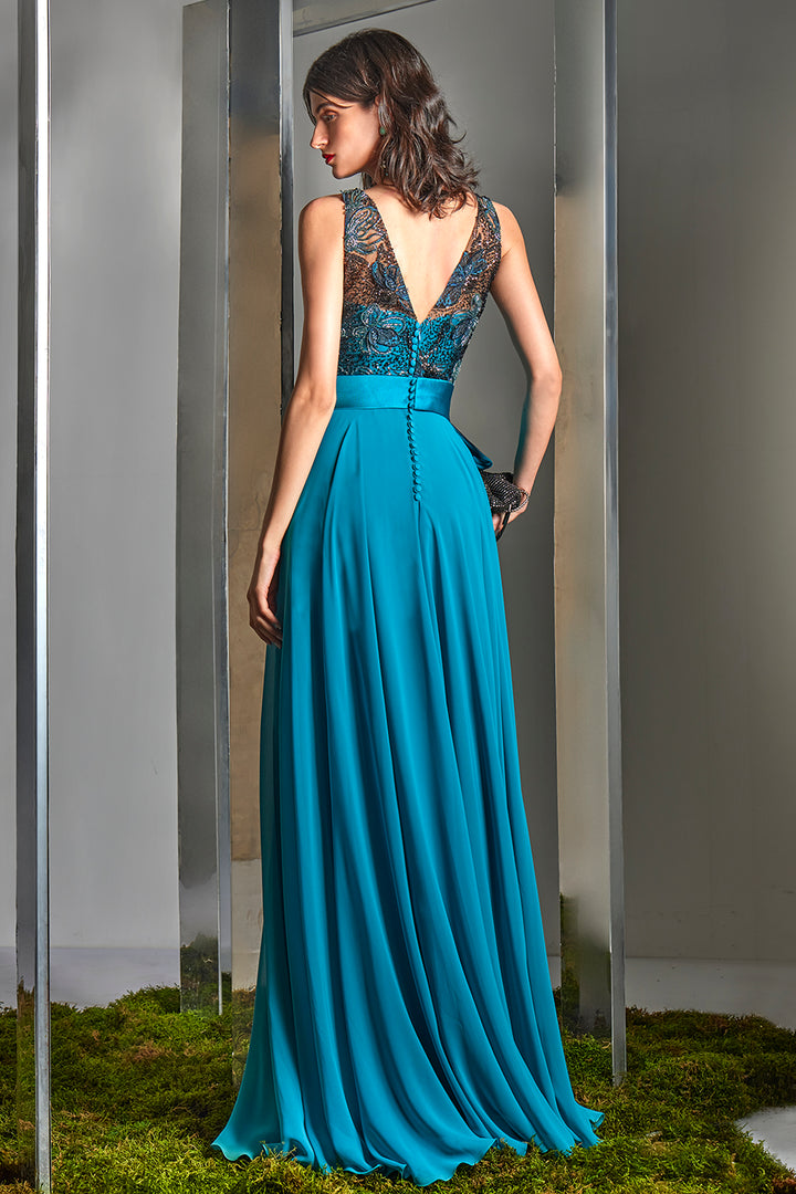 Illusion Neckline A-Line Dress with Sequinned Embroidery