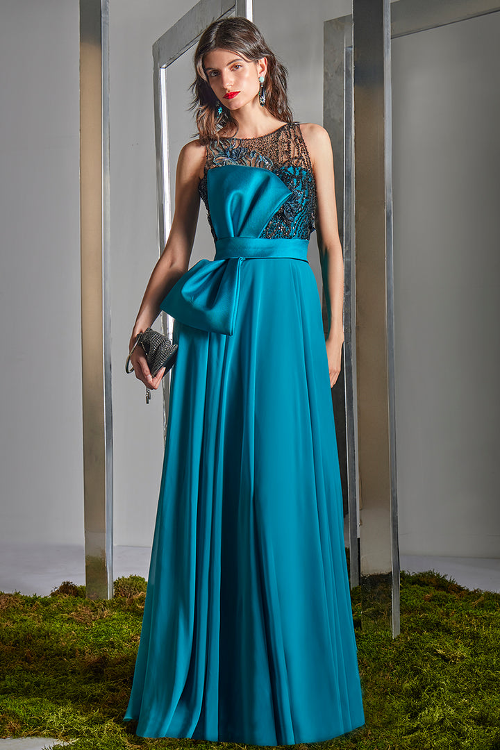 Illusion Neckline A-Line Dress with Sequinned Embroidery