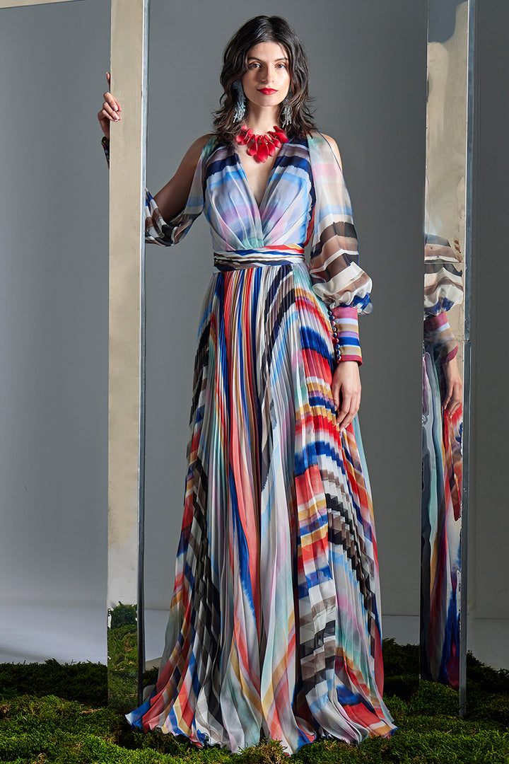 Pleated Cold-Shoulder with A-Line Dress