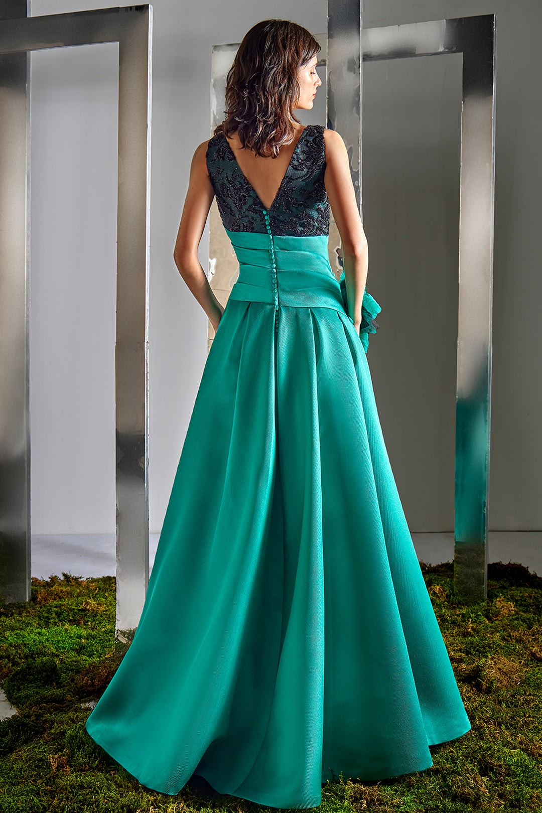 Embellished V-Neck A-Line Dress with 3D Rosette