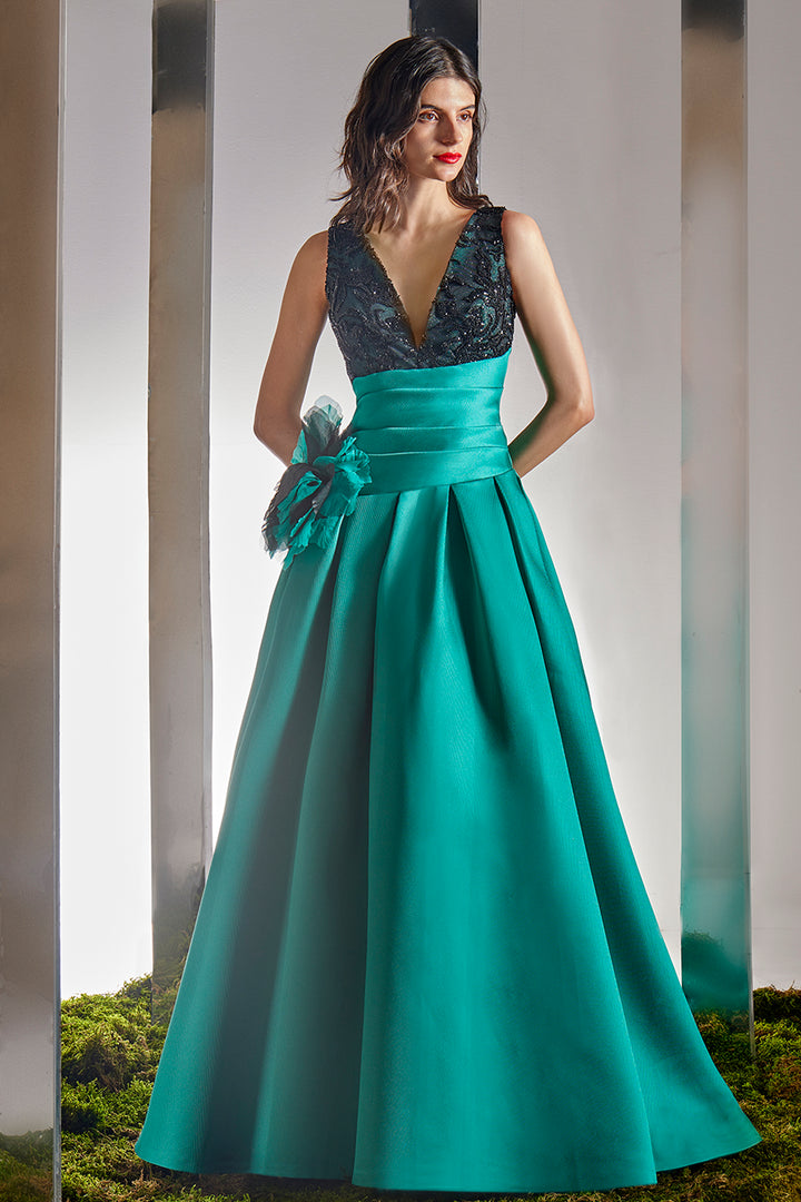 Embellished V-Neck A-Line Dress with 3D Rosette