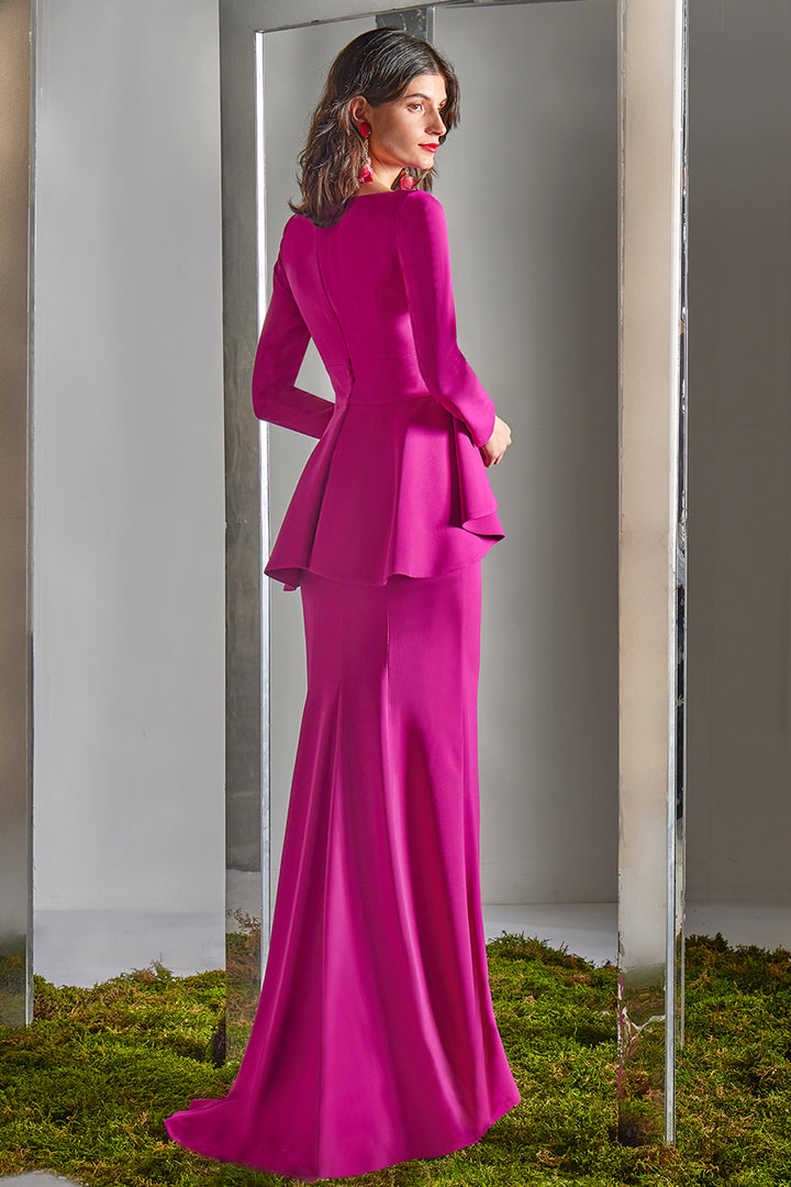 Stand-Collar Split V-Neck Column Dress with Pleated Peplum Ruffle