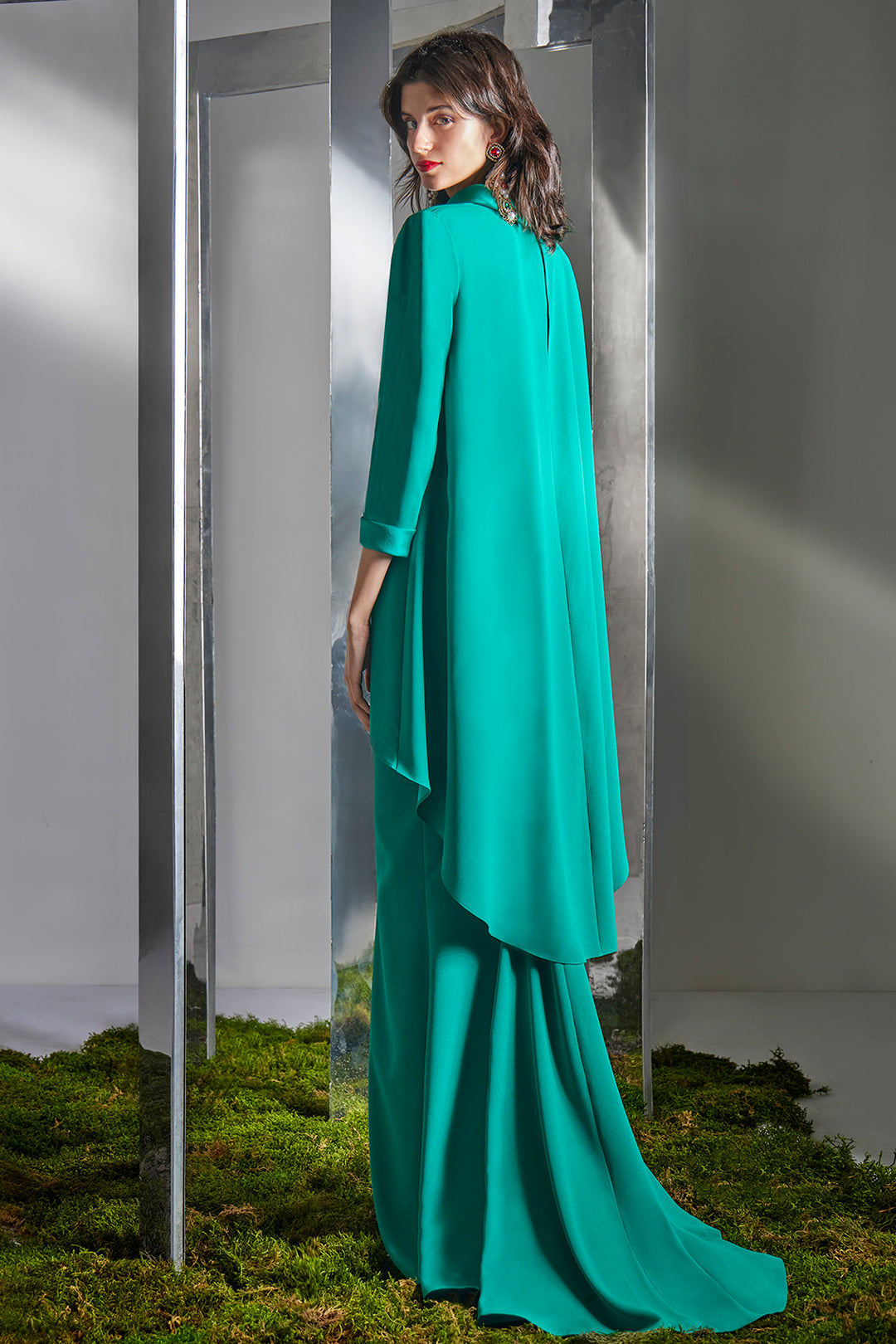 High-Neck Dress with Asymmetrical Cape Overlay and Cuffed Sleeves