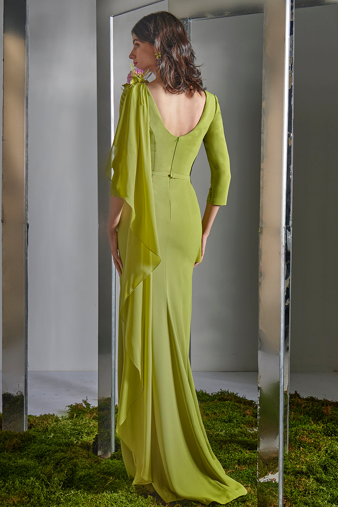 Boat-Neck Dress with 3D Floral Shoulder Appliqué