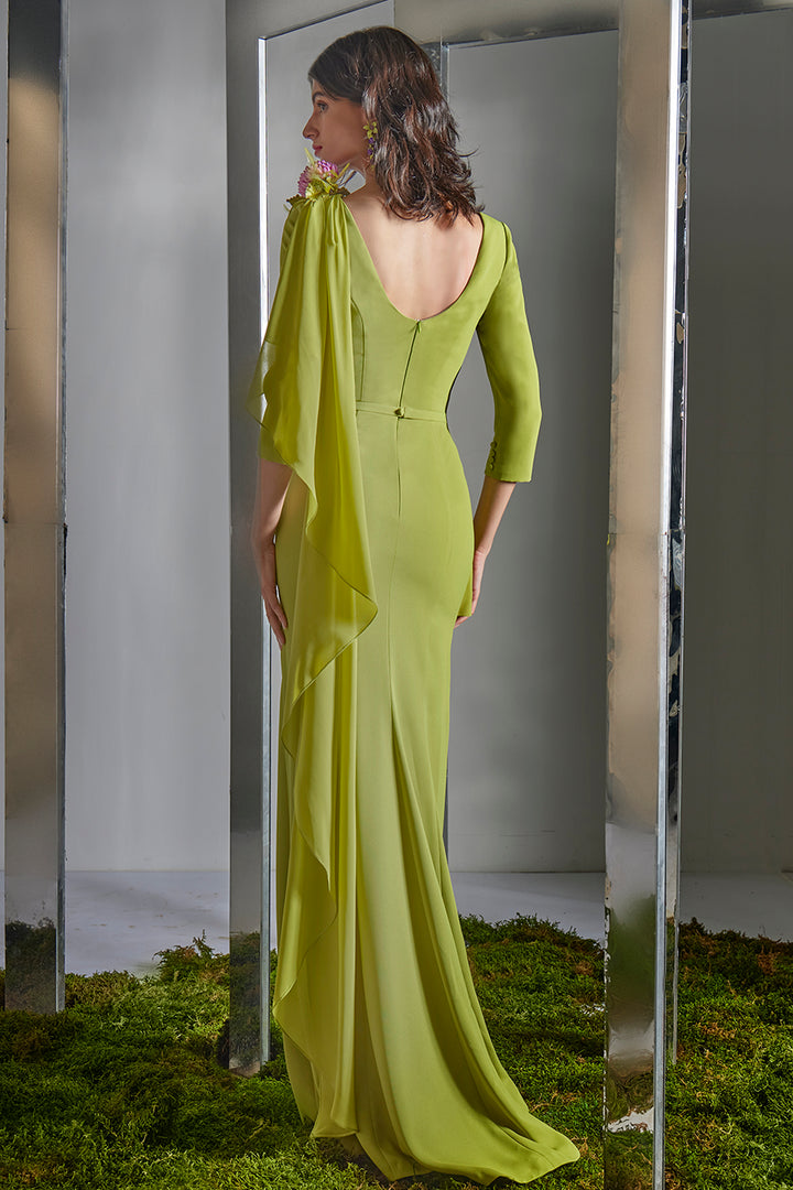 Boat-Neck Dress with 3D Floral Shoulder Appliqué