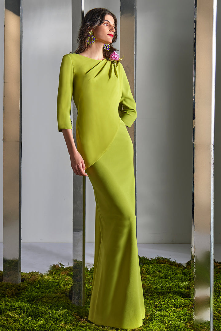 Boat-Neck Dress with 3D Floral Shoulder Appliqué