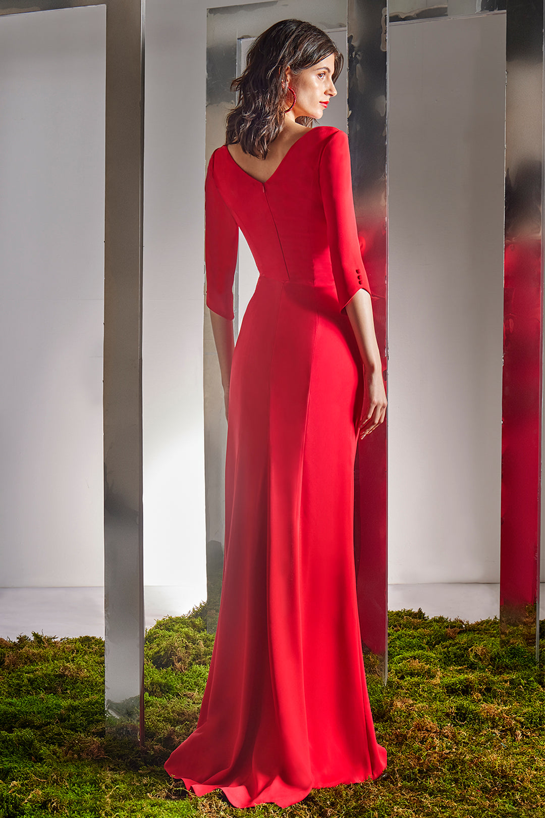 Asymmetric V-Neck Column Dress with Thigh-High Slit