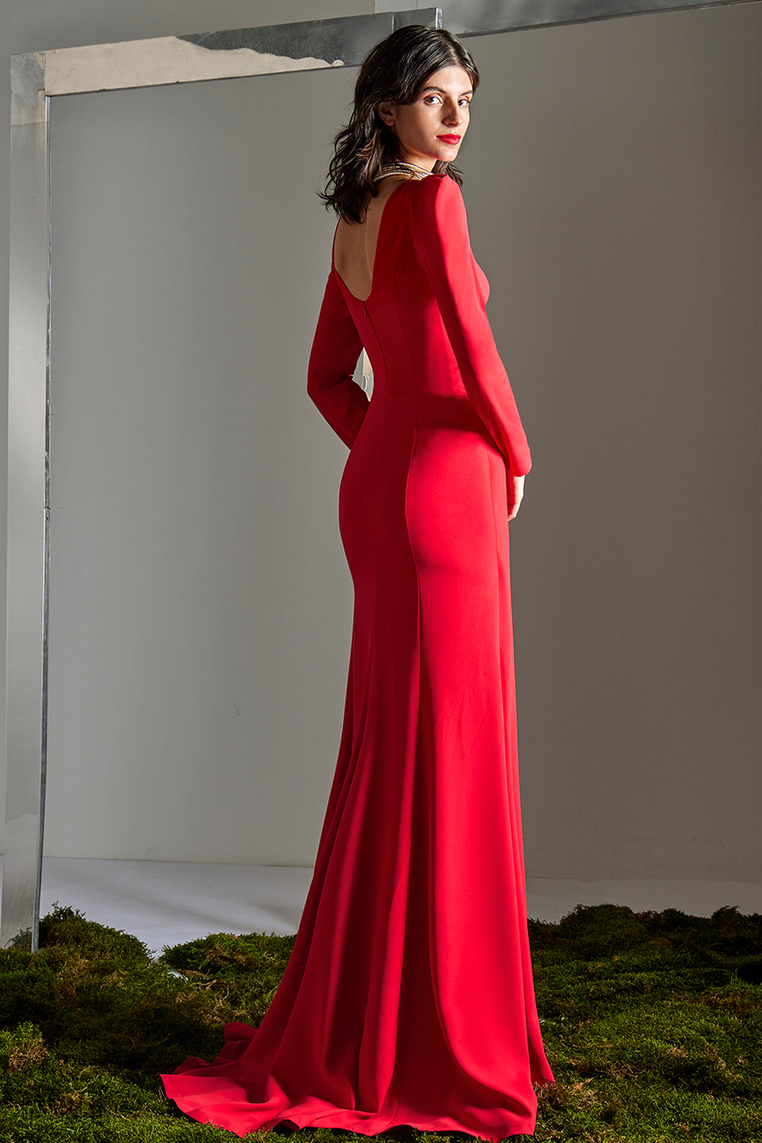Long-Sleeve Dress with Side-Bow and Draped Ruffle