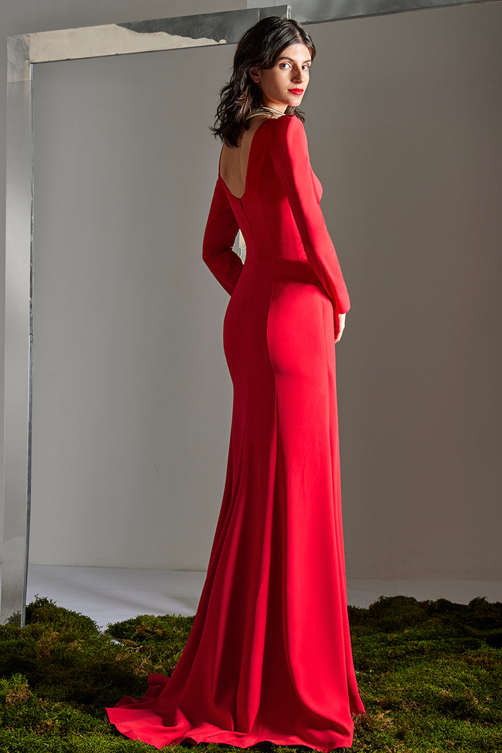 Long-Sleeve Dress with Side-Bow and Draped Ruffle