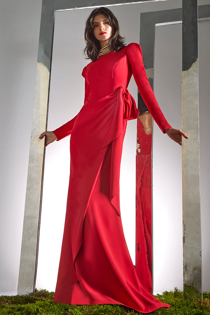 Long-Sleeve Dress with Side-Bow and Draped Ruffle