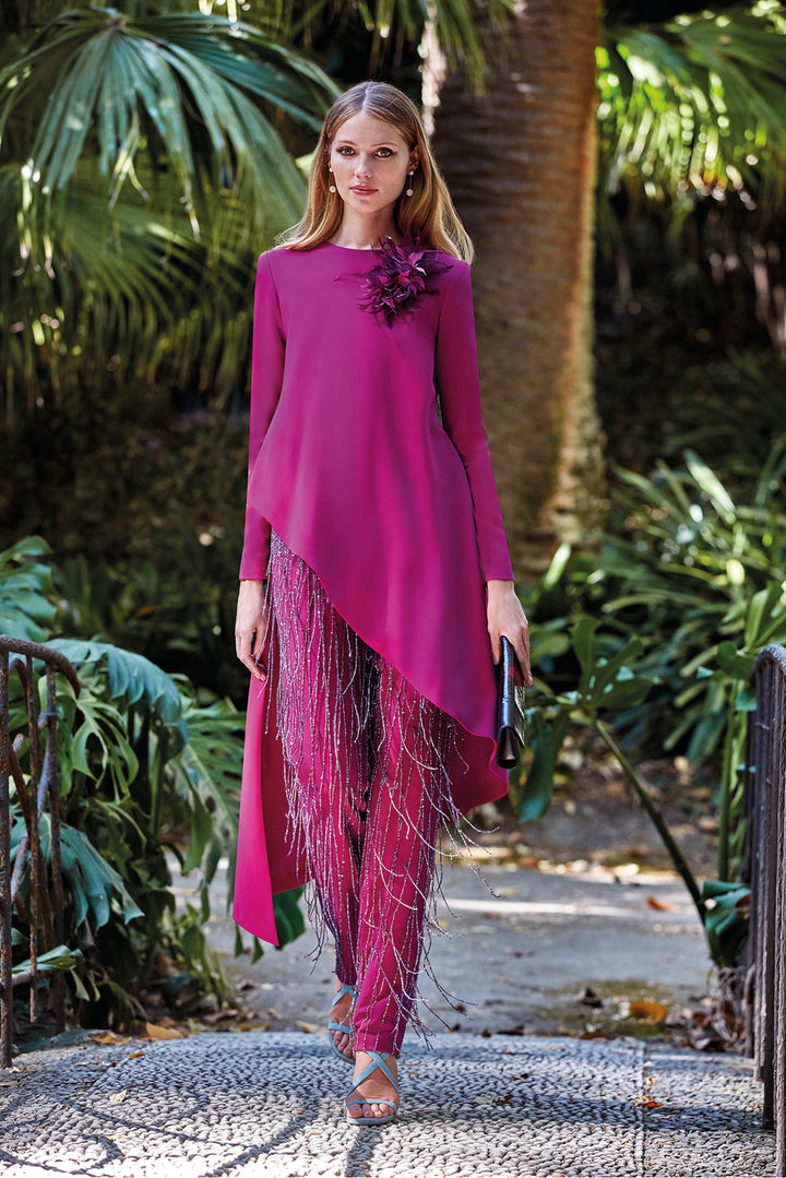 Long-Sleeved Flowy Blouse with Fringed Pants