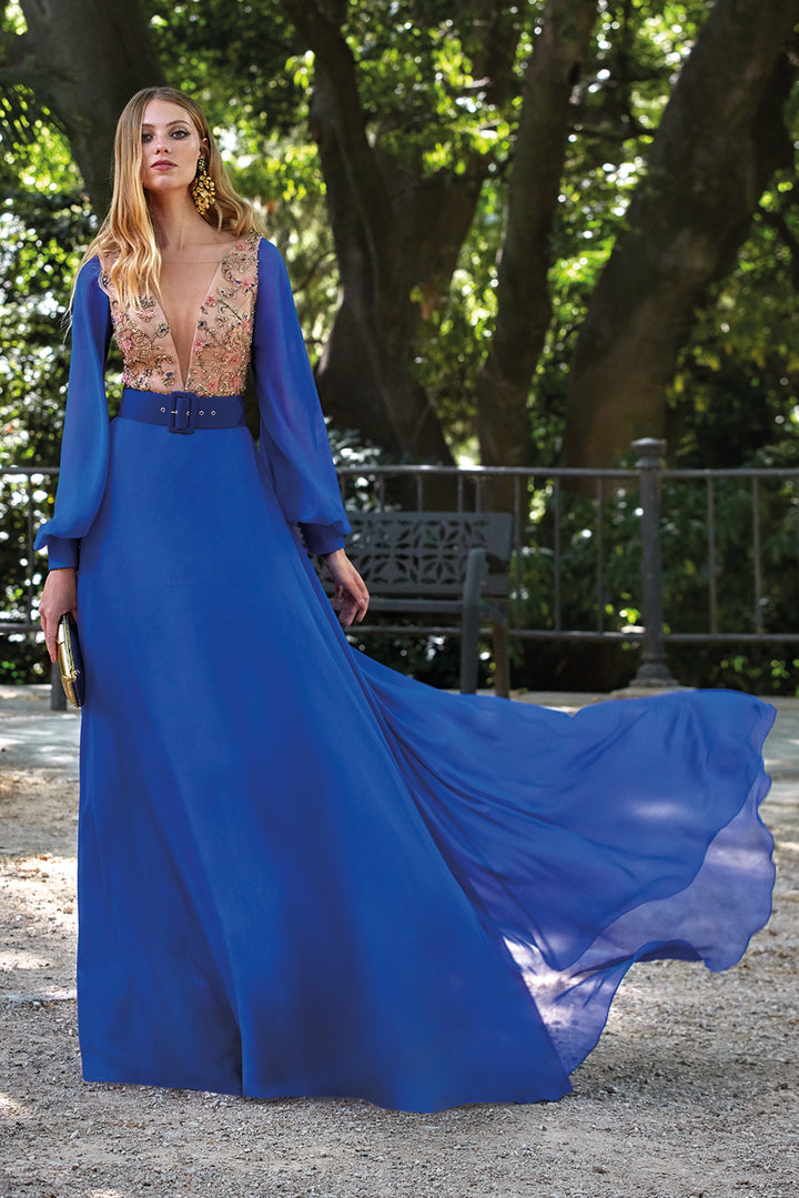 Chiffon A-line Dress with Beaded Bodice