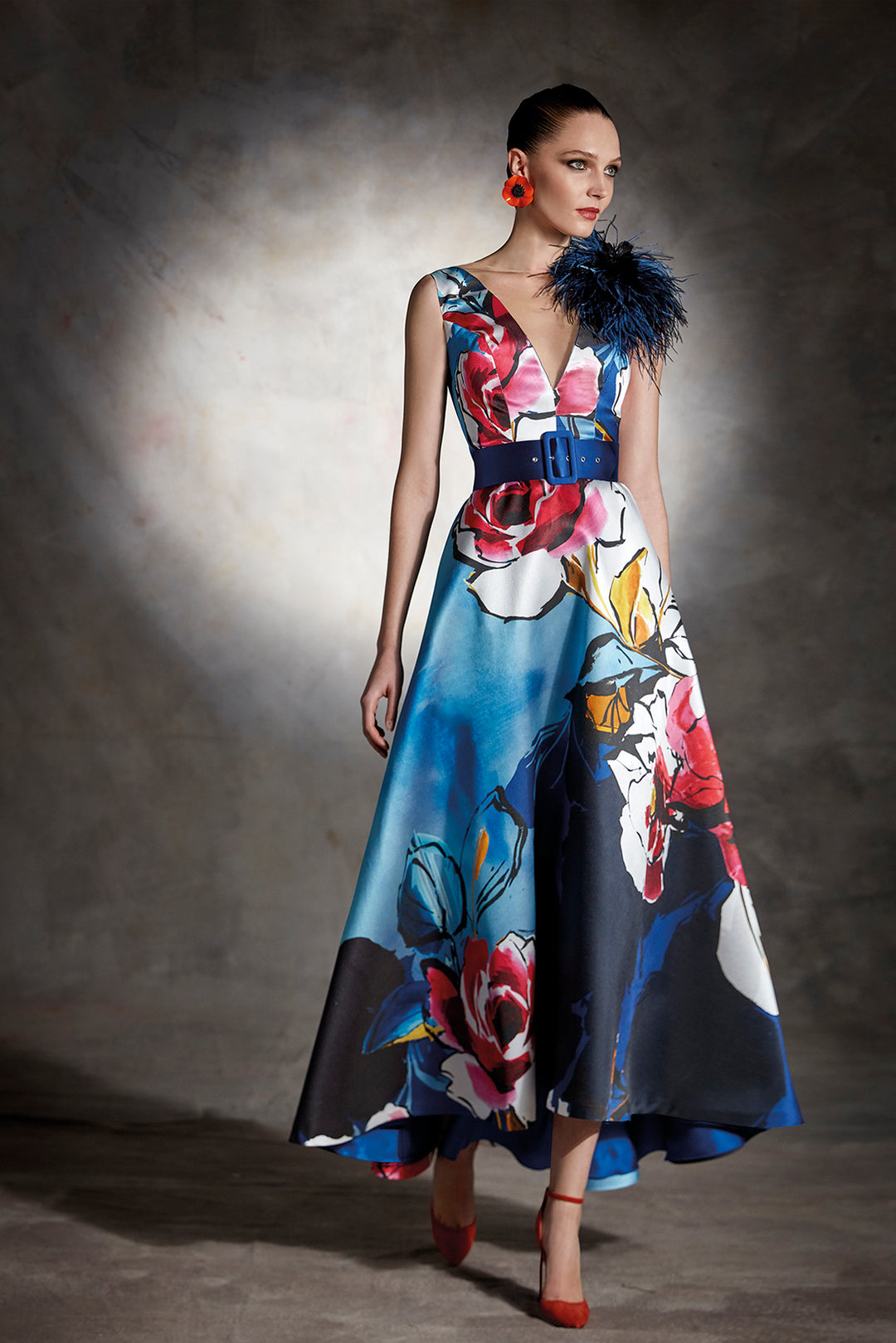 Printed Midi Dress with Feathered Flower