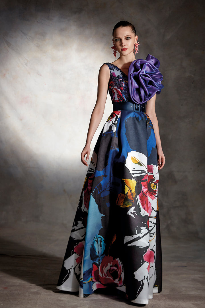 Pique Printed A-line Dress with Organza Flower