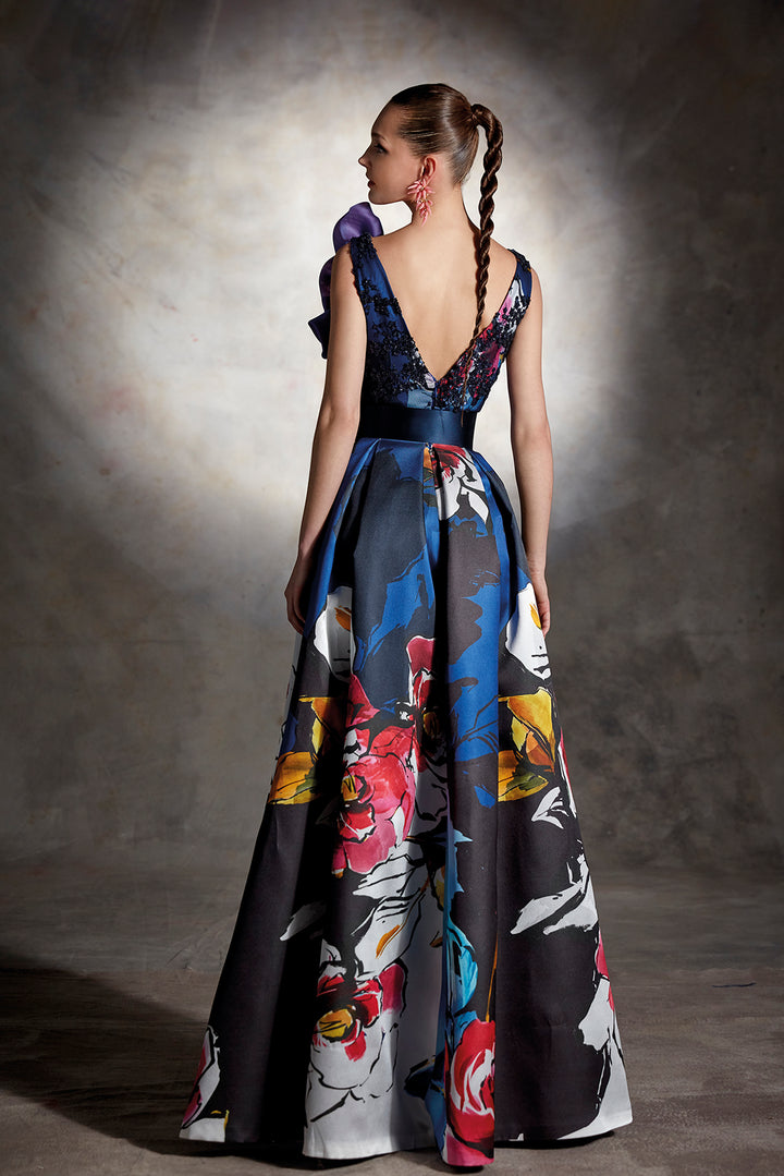 Pique Printed A-line Dress with Organza Flower