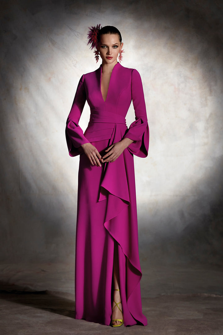 Long-Sleeved Flared Dress with Draping