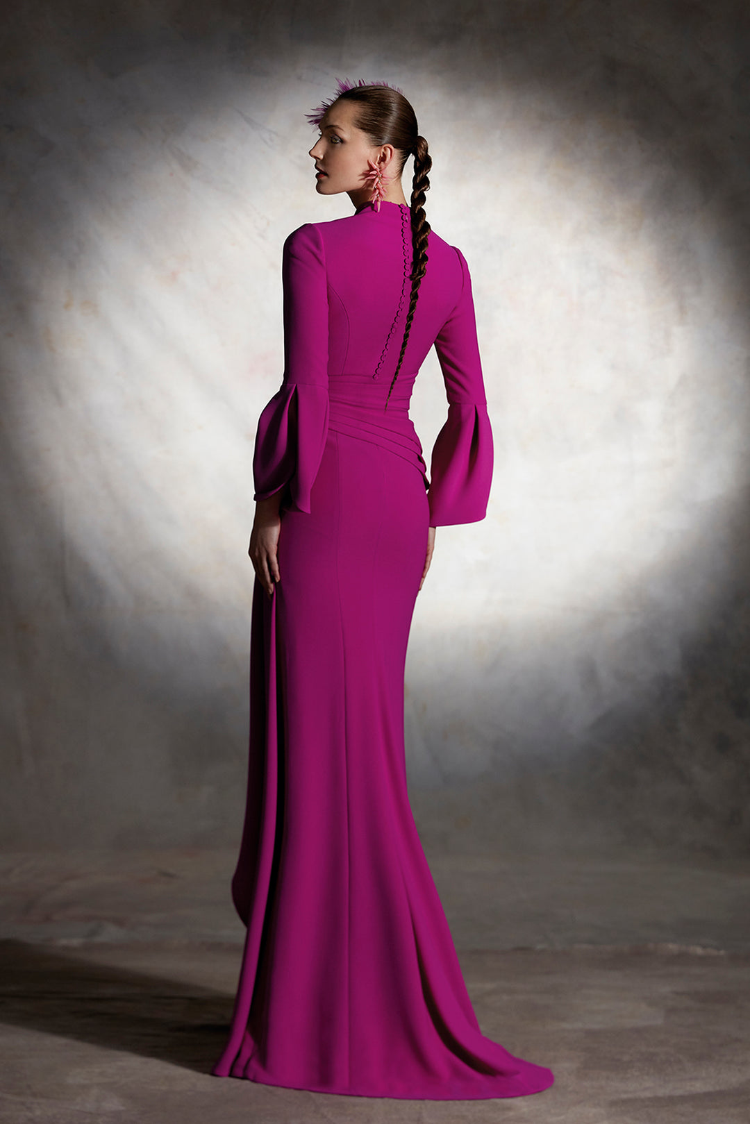 Long-Sleeved Flared Dress with Draping