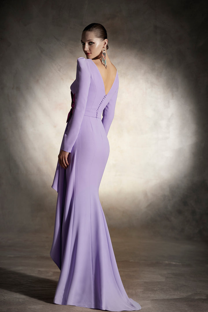 Crepe Long-Sleeved Flared Dress