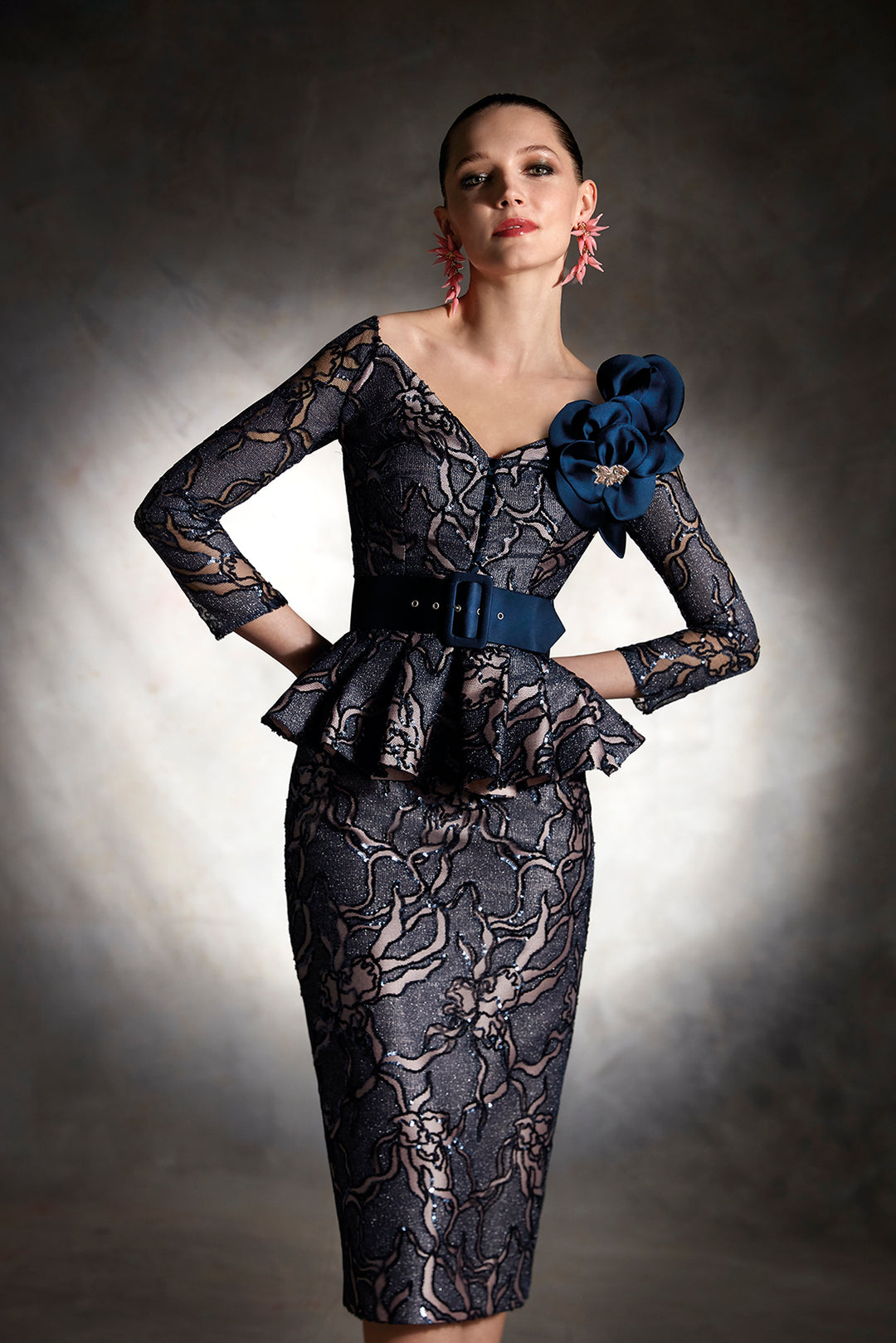 Off-The-Shoulder Sequin Lace Midi Dress Dark Gray & Navy Blue / FR 52 Off-The-Shoulder Sequin Lace Midi Dress Dark Gray & Navy Blue / FR 52