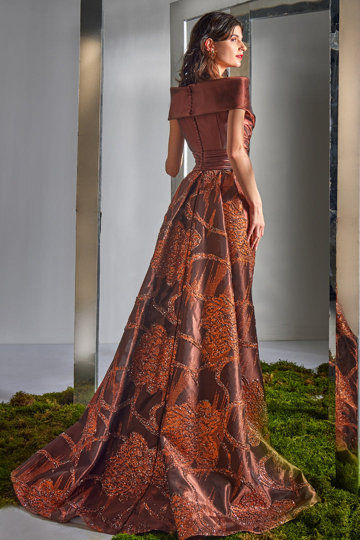 Off-The-Shoulder Draped Bodice Dress with Beaded Overskirt