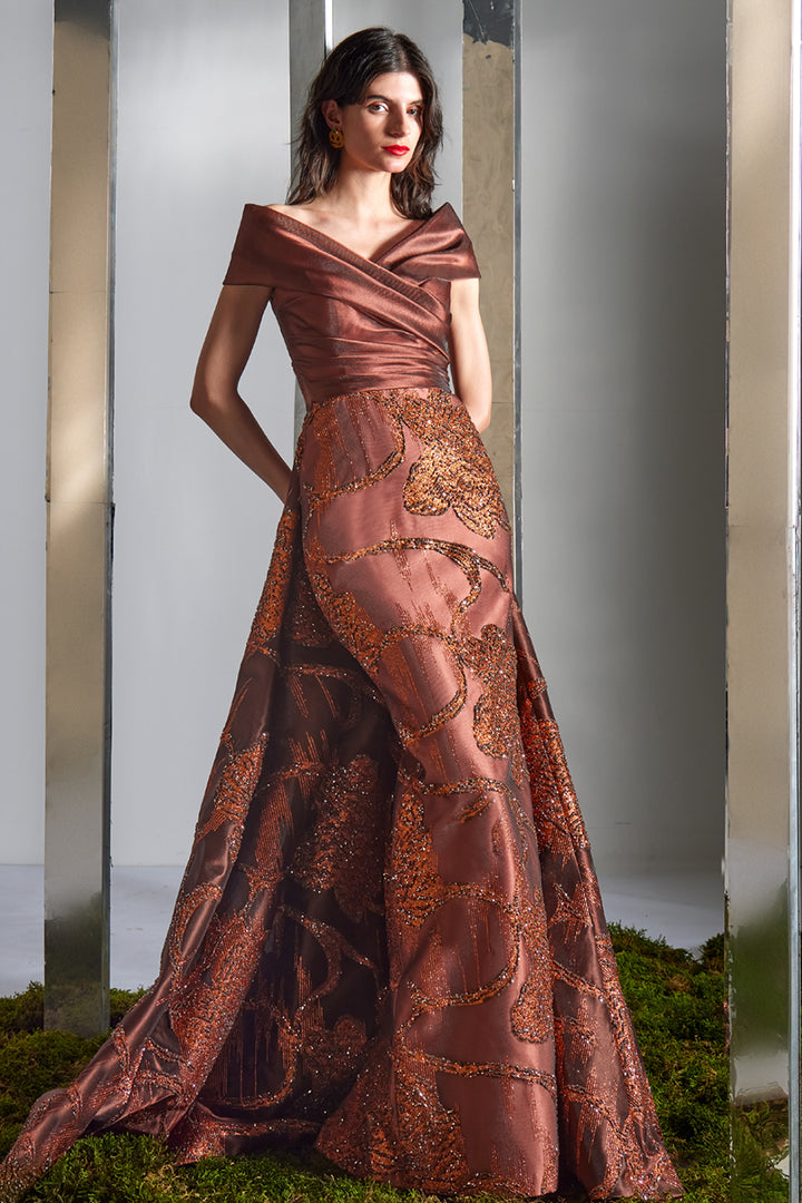 Off-The-Shoulder Draped Bodice Dress with Beaded Overskirt