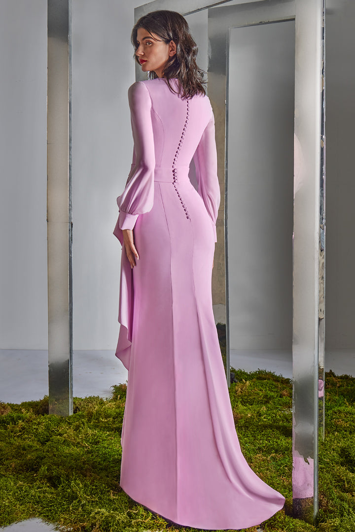 V-Neck Column Dress with Pleated Bodice and Ruffled Slit