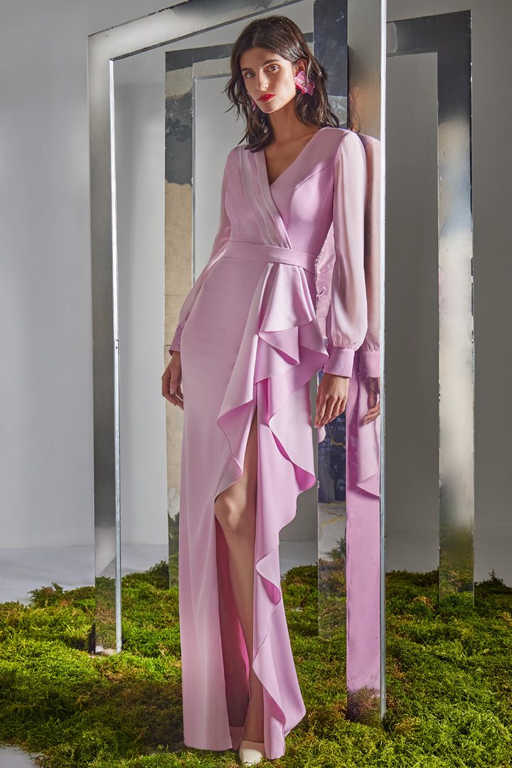 V-Neck Column Dress with Pleated Bodice and Ruffled Slit